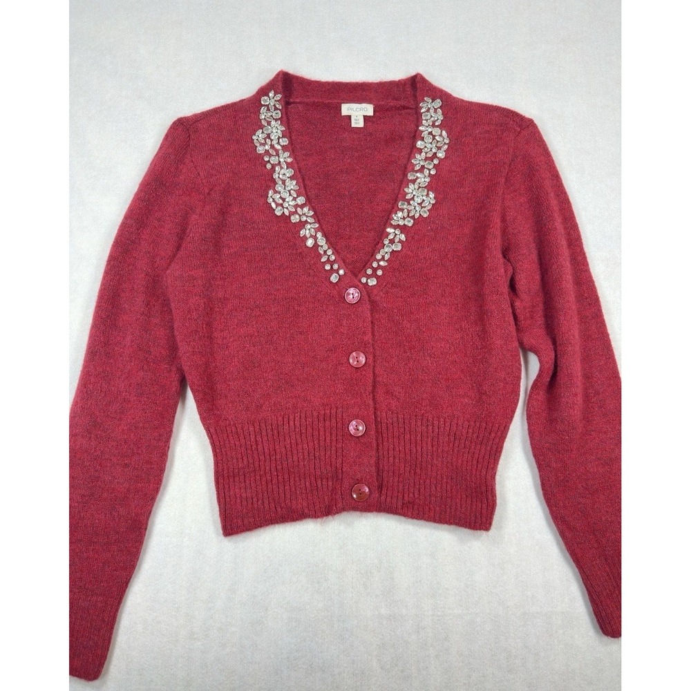 PILCRO Anthropologie Embellished Crystal V-Neck Cardigan Sweater Rhubarb Pink S